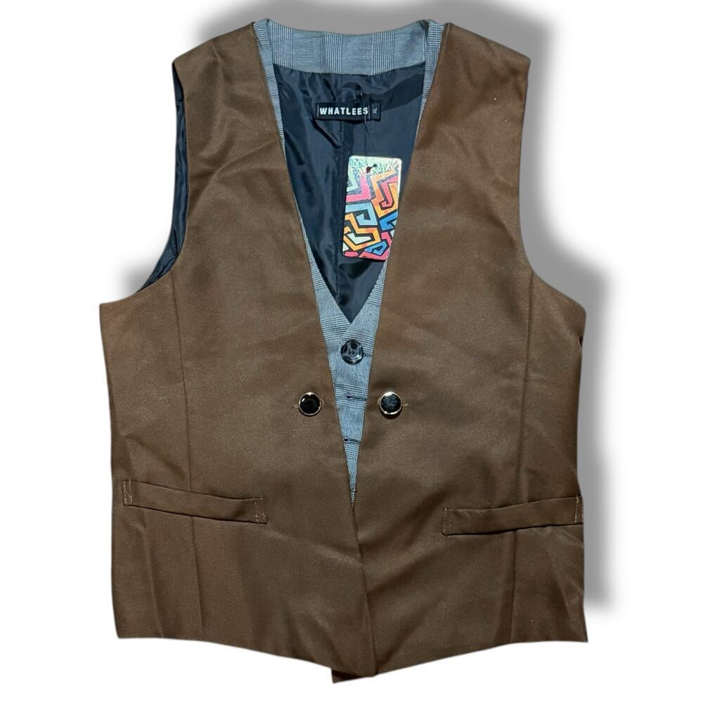 Whatlees Vest 90s Style Brown Gray Double Layer Waistcoat XL (M) RUNS SMALL